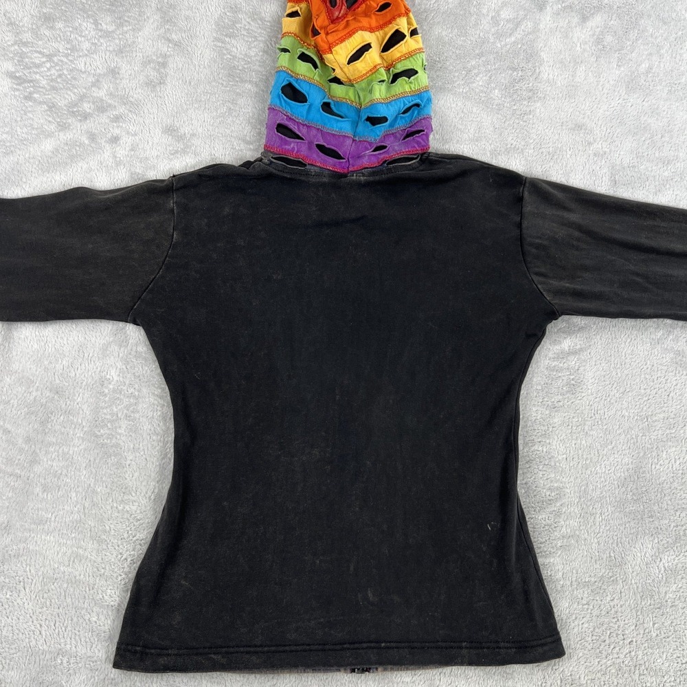Nepal Rainbow Patchwork Cut Out Hoodie Jacket M Black Women Boho Hippie Cotton - Picture 8 of 11